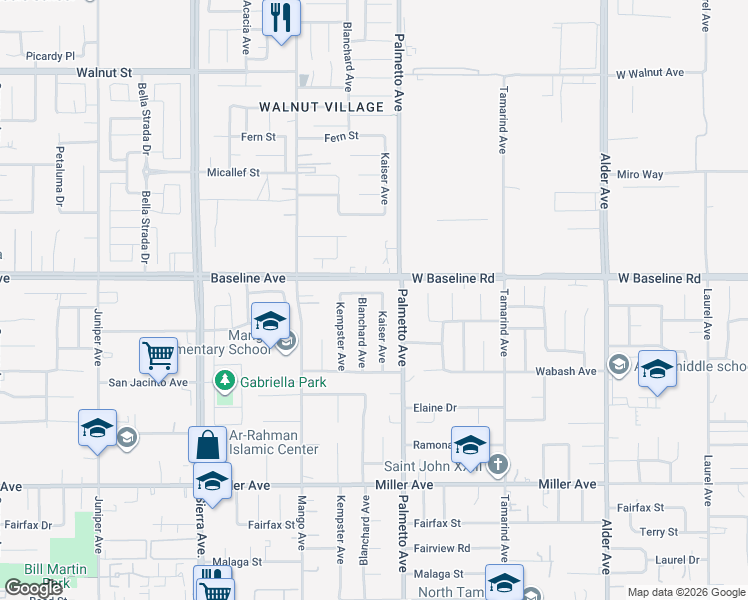 map of restaurants, bars, coffee shops, grocery stores, and more near 7350 Blanchard Avenue in Fontana