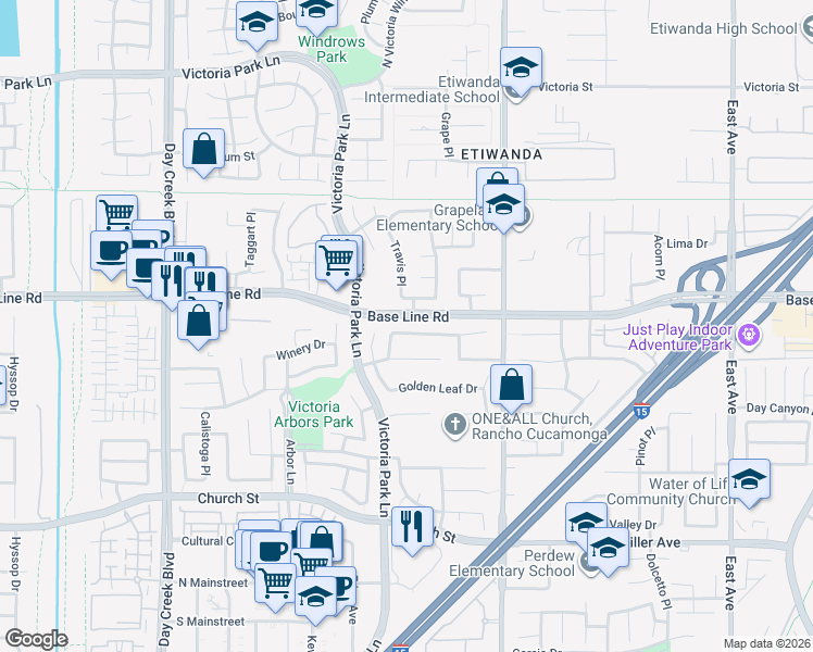 map of restaurants, bars, coffee shops, grocery stores, and more near 12700 Colonnade Drive in Rancho Cucamonga