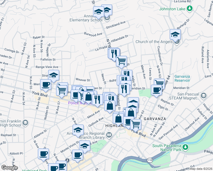 map of restaurants, bars, coffee shops, grocery stores, and more near 6061 1/2 Meridian Street in Los Angeles