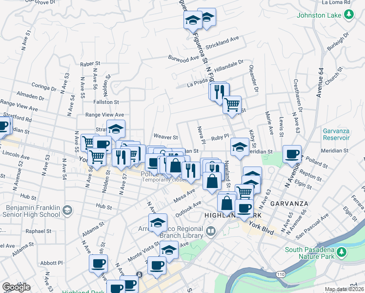 map of restaurants, bars, coffee shops, grocery stores, and more near 5921 Meridian Street in Los Angeles