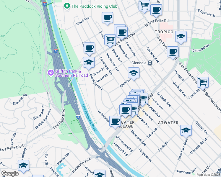 map of restaurants, bars, coffee shops, grocery stores, and more near 3325 Appleton Street in Los Angeles