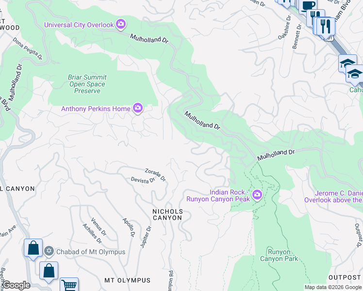 map of restaurants, bars, coffee shops, grocery stores, and more near 2801 Nichols Canyon Place in Los Angeles