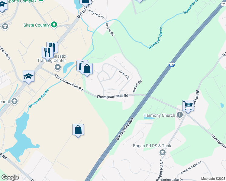 map of restaurants, bars, coffee shops, grocery stores, and more near 2870 Pebblebrook Court in Buford