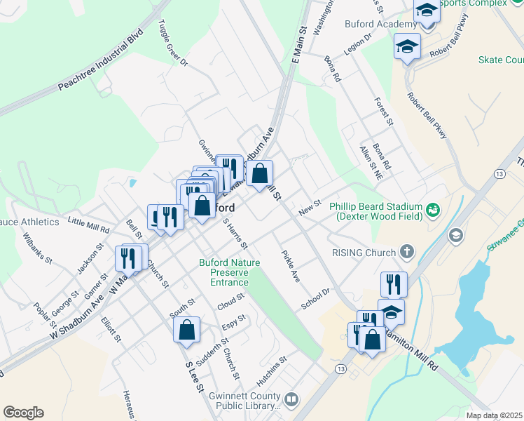 map of restaurants, bars, coffee shops, grocery stores, and more near 110A East Park Street in Buford