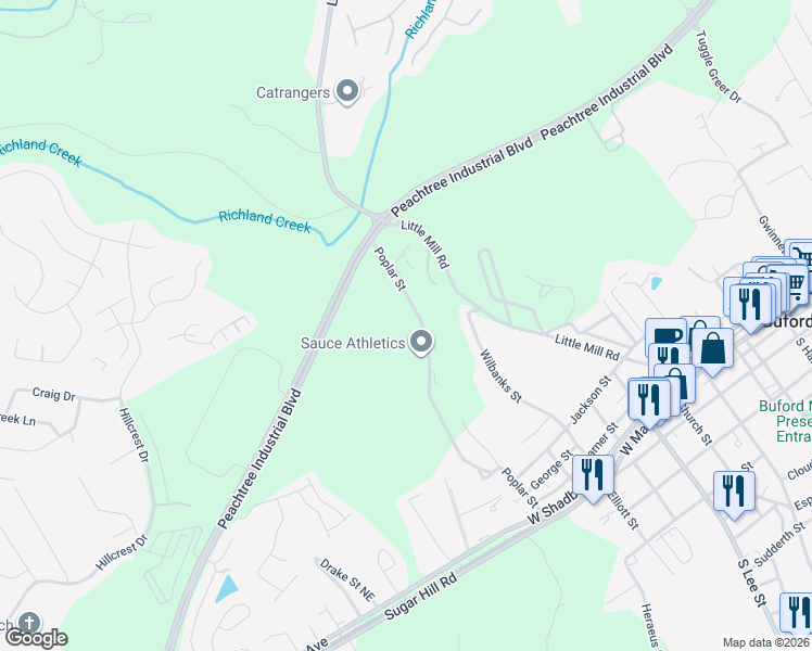 map of restaurants, bars, coffee shops, grocery stores, and more near 480 Poplar Street in Buford
