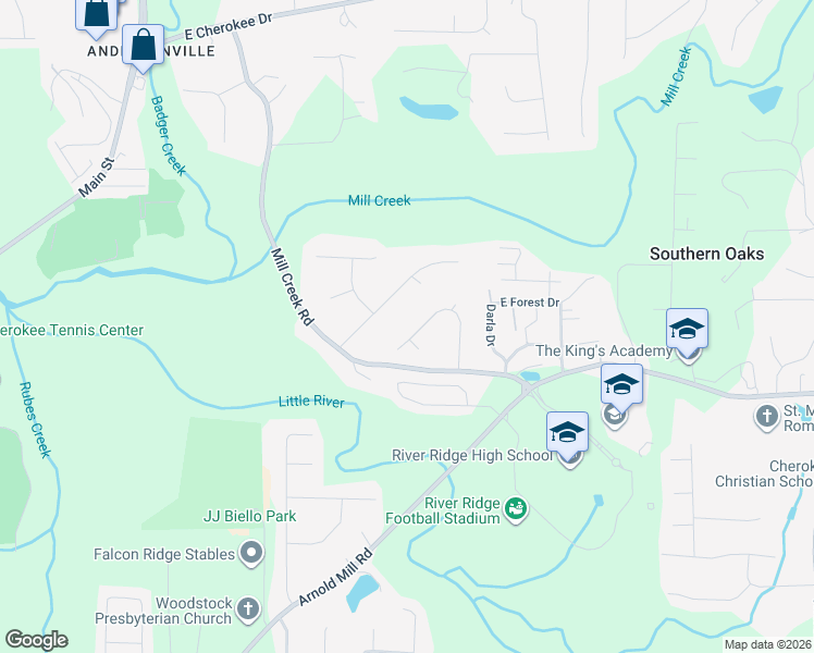 map of restaurants, bars, coffee shops, grocery stores, and more near 1052 Inca Lane in Woodstock