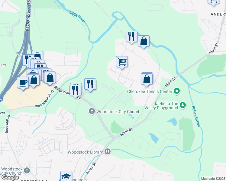 map of restaurants, bars, coffee shops, grocery stores, and more near 369 Lincoln Street in Woodstock