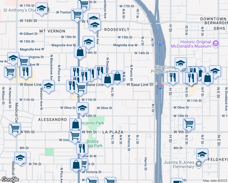 map of restaurants, bars, coffee shops, grocery stores, and more near 1155 North L Street in San Bernardino