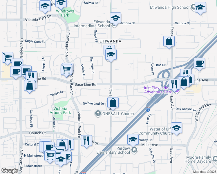 map of restaurants, bars, coffee shops, grocery stores, and more near 12878 Colonnade Drive in Rancho Cucamonga