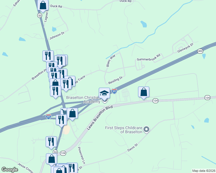 map of restaurants, bars, coffee shops, grocery stores, and more near 138 Reisling Drive in Braselton