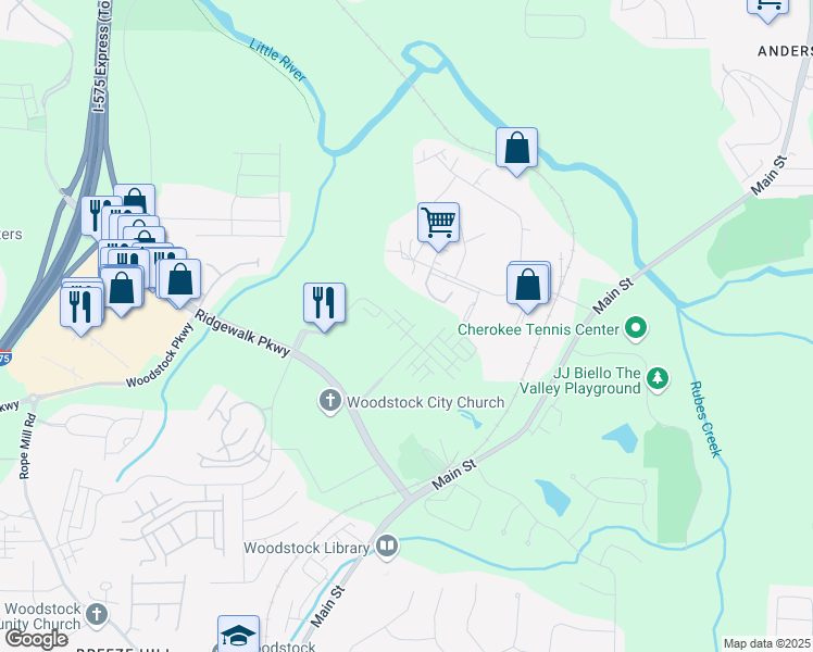 map of restaurants, bars, coffee shops, grocery stores, and more near 369 Lincoln Street in Woodstock