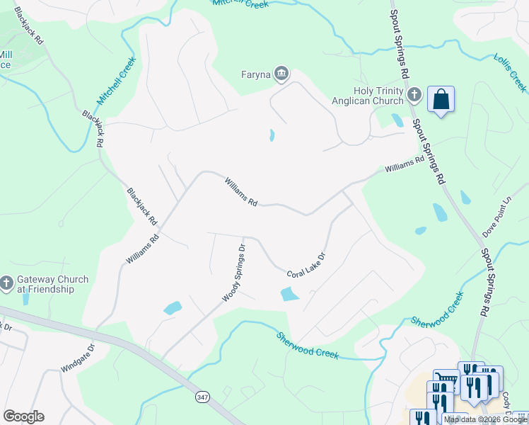 map of restaurants, bars, coffee shops, grocery stores, and more near 7251 Williams Road in Flowery Branch
