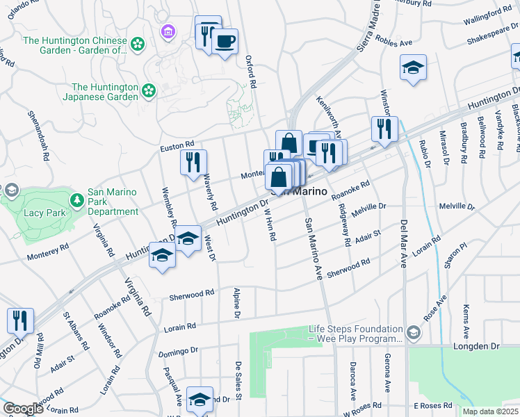 map of restaurants, bars, coffee shops, grocery stores, and more near 2060 Huntington Drive in San Marino