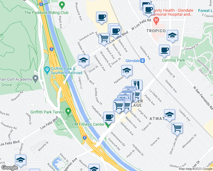 map of restaurants, bars, coffee shops, grocery stores, and more near 3325 Appleton Street in Los Angeles