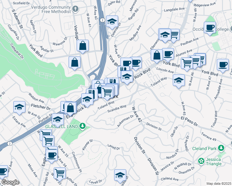 map of restaurants, bars, coffee shops, grocery stores, and more near 4044 Eagle Rock Boulevard in Los Angeles