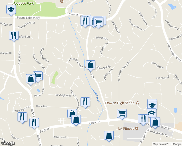 map of restaurants, bars, coffee shops, grocery stores, and more near 1281 Rose Creek Drive in Woodstock