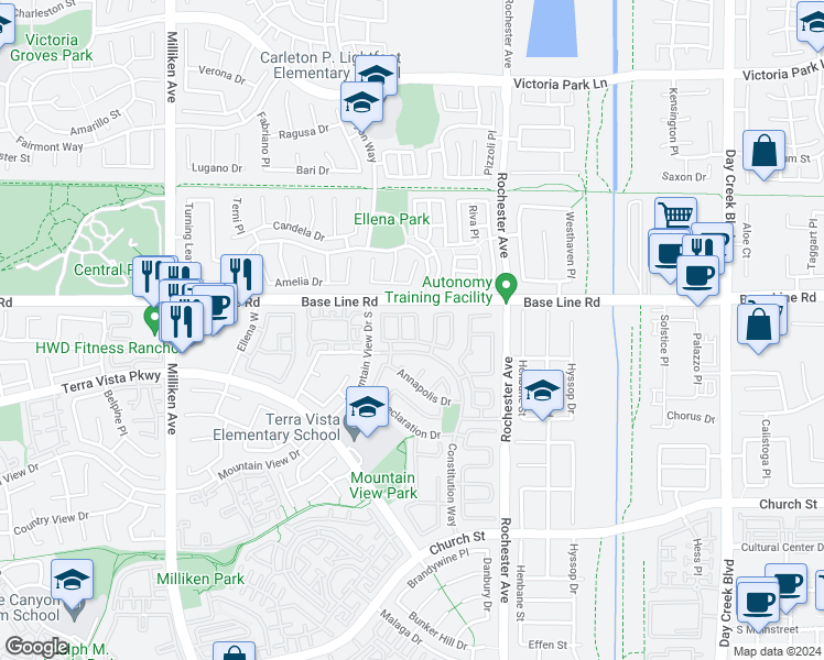 map of restaurants, bars, coffee shops, grocery stores, and more near 7350 Freedom Place in Rancho Cucamonga
