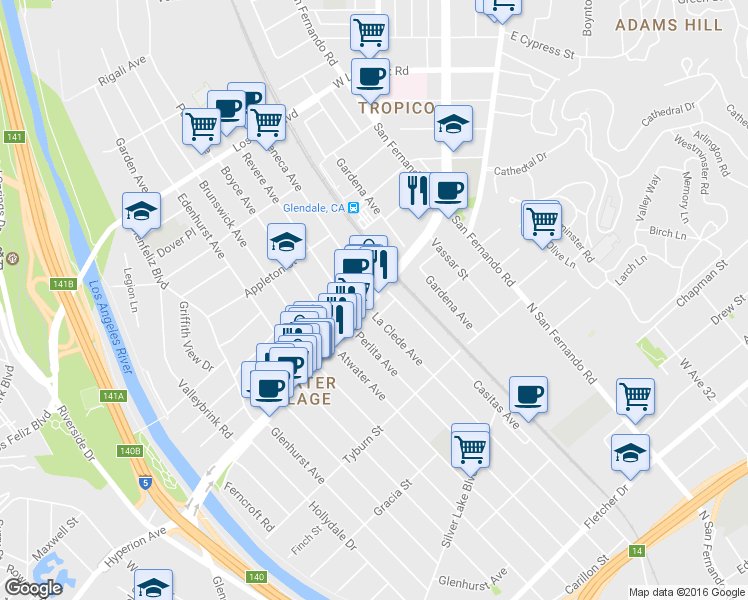 map of restaurants, bars, coffee shops, grocery stores, and more near 3416 Glendale Boulevard in Los Angeles