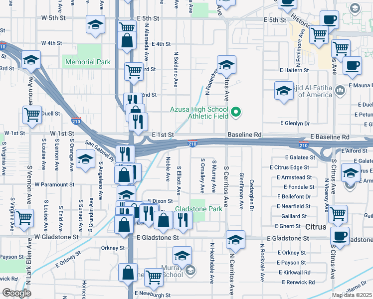 map of restaurants, bars, coffee shops, grocery stores, and more near 125 South Pasadena Avenue in Azusa