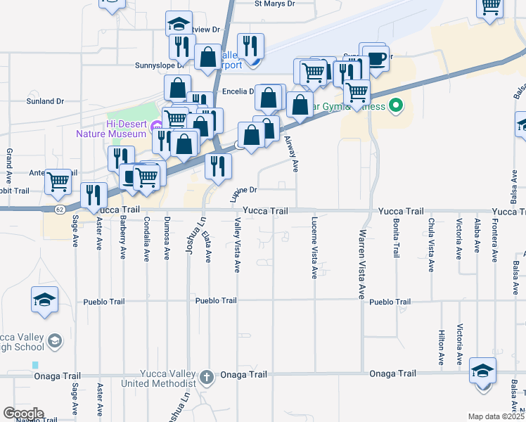 map of restaurants, bars, coffee shops, grocery stores, and more near Yucca Trail in Yucca Valley