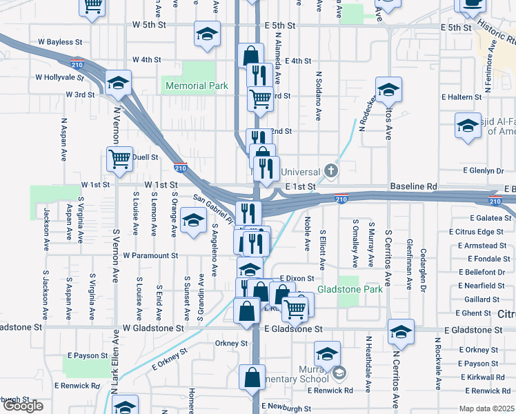 map of restaurants, bars, coffee shops, grocery stores, and more near 138 South Azusa Avenue in Azusa