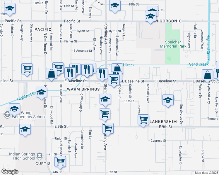 map of restaurants, bars, coffee shops, grocery stores, and more near 25725 East Baseline Street in Highland