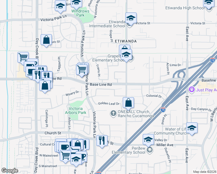 map of restaurants, bars, coffee shops, grocery stores, and more near 12784 Colonnade Drive in Rancho Cucamonga