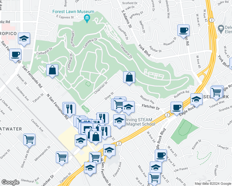 map of restaurants, bars, coffee shops, grocery stores, and more near 3334 Drew Street in Los Angeles