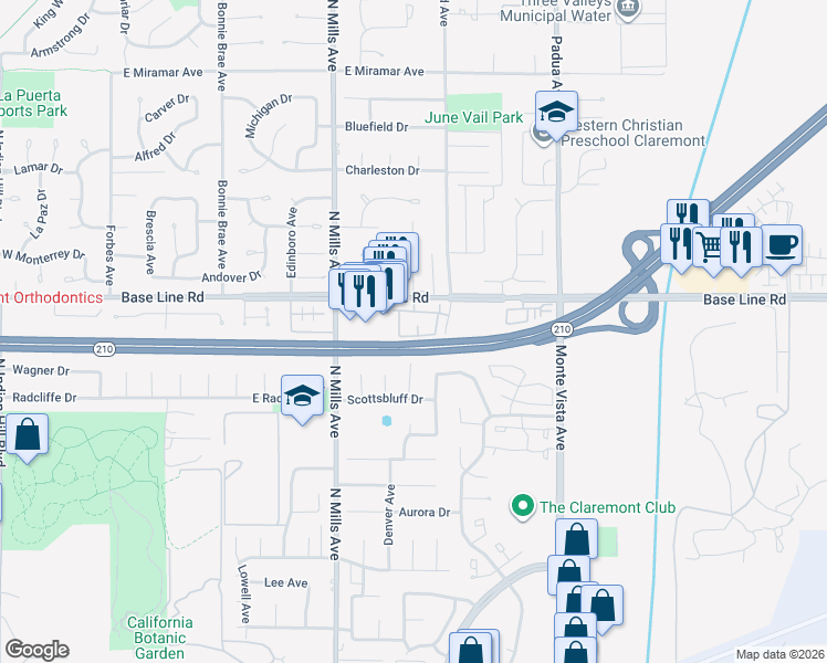 map of restaurants, bars, coffee shops, grocery stores, and more near 767 Lander Circle in Claremont