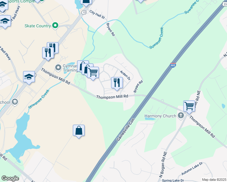 map of restaurants, bars, coffee shops, grocery stores, and more near 2870 Pebblebrook Court in Buford