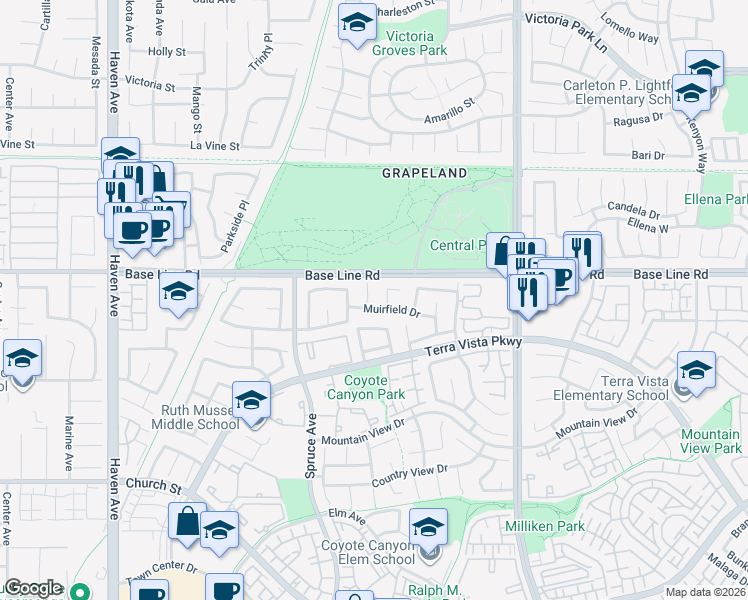 map of restaurants, bars, coffee shops, grocery stores, and more near 7353 Cascade Court in Rancho Cucamonga
