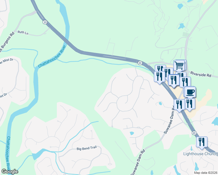 map of restaurants, bars, coffee shops, grocery stores, and more near 243 Double Gate Way Northeast in Sugar Hill