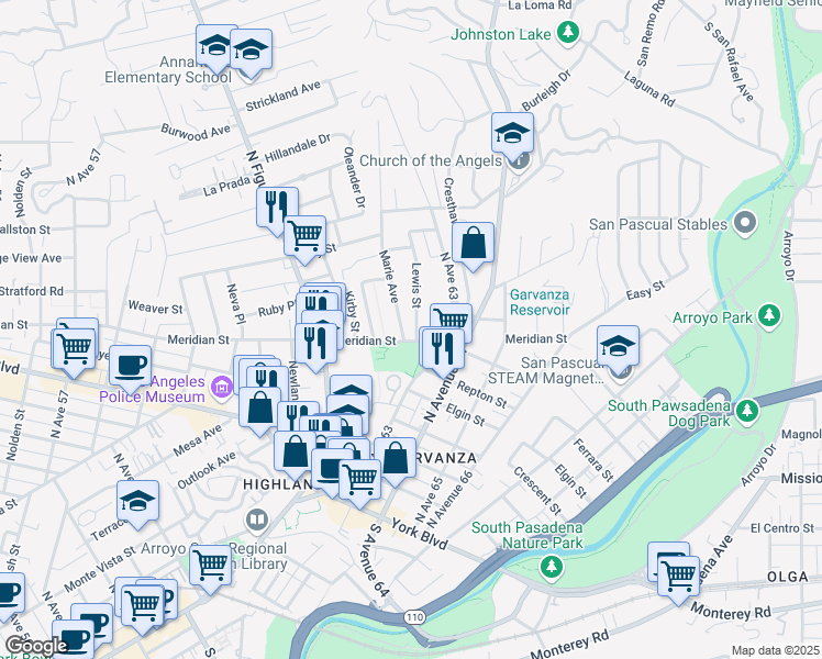 map of restaurants, bars, coffee shops, grocery stores, and more near 409 Lewis Street in Los Angeles