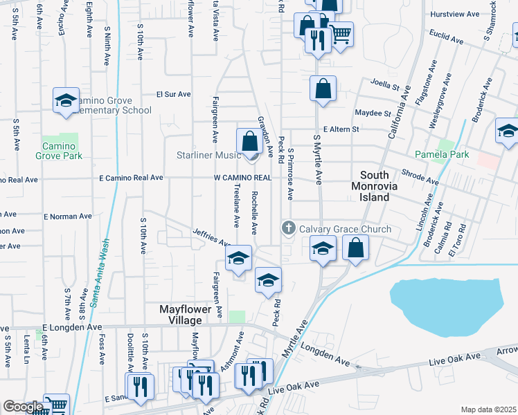 map of restaurants, bars, coffee shops, grocery stores, and more near 2450 Rochelle Avenue in Monrovia