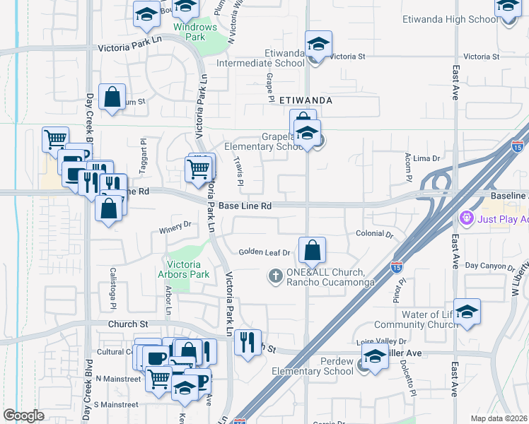 map of restaurants, bars, coffee shops, grocery stores, and more near 12784 Colonnade Drive in Rancho Cucamonga