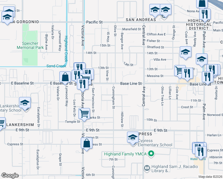map of restaurants, bars, coffee shops, grocery stores, and more near 7338 Cunningham Street in Highland