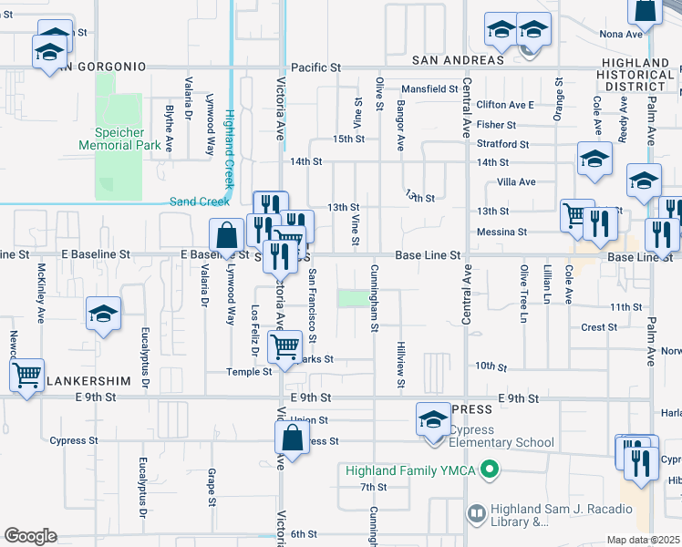 map of restaurants, bars, coffee shops, grocery stores, and more near 7339 Marshall Court in Highland