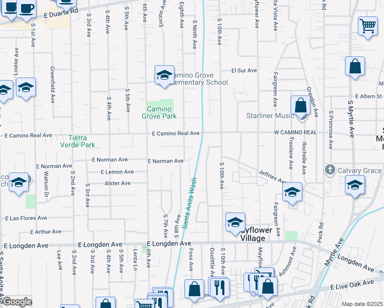 map of restaurants, bars, coffee shops, grocery stores, and more near 811 East Norman Avenue in Arcadia
