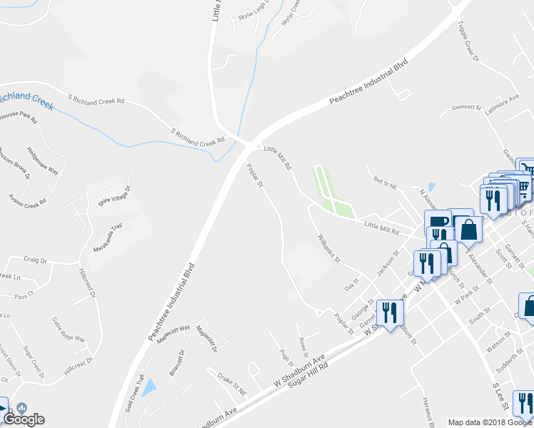 map of restaurants, bars, coffee shops, grocery stores, and more near 480 Poplar Street in Buford