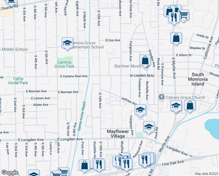 map of restaurants, bars, coffee shops, grocery stores, and more near 1655 Loganrita Avenue in Arcadia