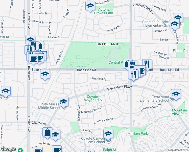 map of restaurants, bars, coffee shops, grocery stores, and more near 7353 Cascade Court in Rancho Cucamonga