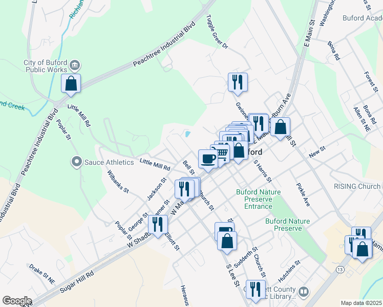 map of restaurants, bars, coffee shops, grocery stores, and more near 96 North Alexander Street Northeast in Buford