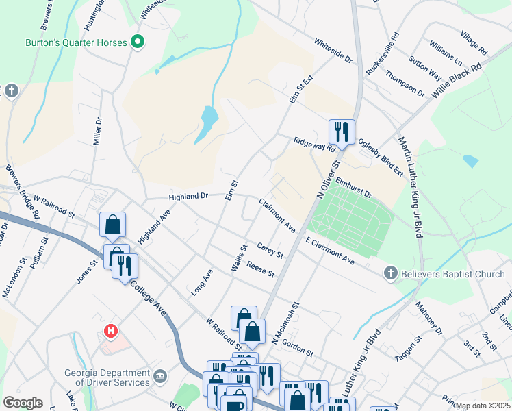 map of restaurants, bars, coffee shops, grocery stores, and more near 217 Elizabeth Street in Elberton