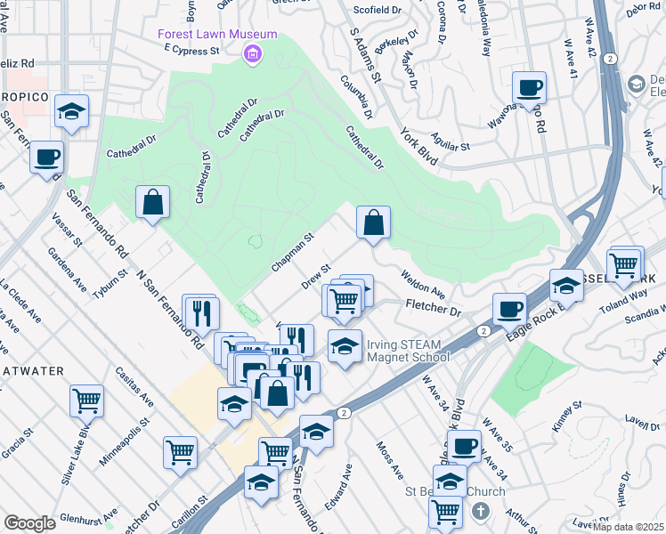 map of restaurants, bars, coffee shops, grocery stores, and more near 3336 Drew Street in Los Angeles