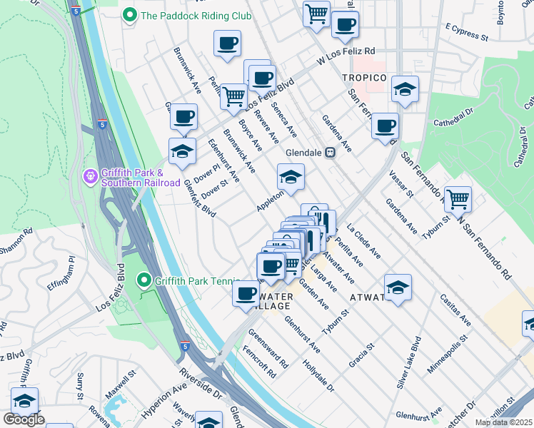 map of restaurants, bars, coffee shops, grocery stores, and more near 3767 Edenhurst Avenue in Los Angeles