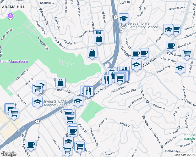 map of restaurants, bars, coffee shops, grocery stores, and more near 3922 Roderick Road in Los Angeles