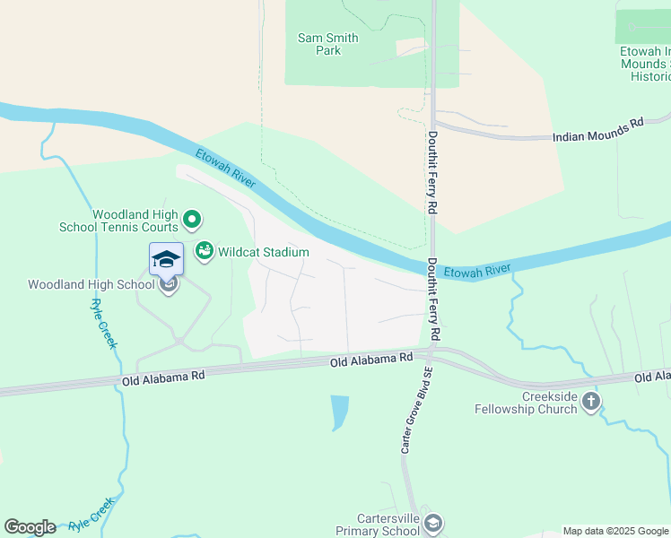 map of restaurants, bars, coffee shops, grocery stores, and more near 33 Riverview Court Southeast in Cartersville