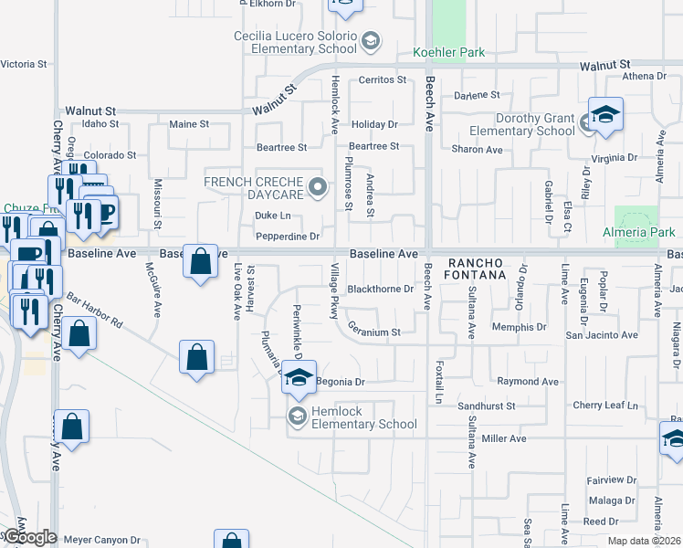 map of restaurants, bars, coffee shops, grocery stores, and more near 7348 Elderberry Court in Fontana