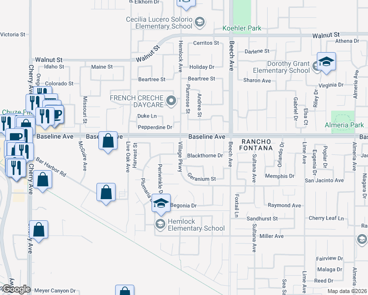 map of restaurants, bars, coffee shops, grocery stores, and more near 7348 Elderberry Court in Fontana