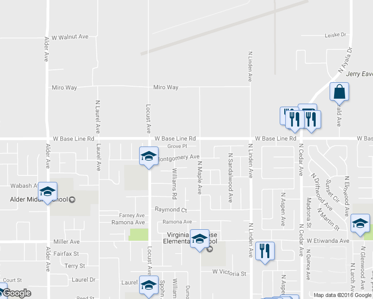 map of restaurants, bars, coffee shops, grocery stores, and more near 18251 Grove Place in Fontana